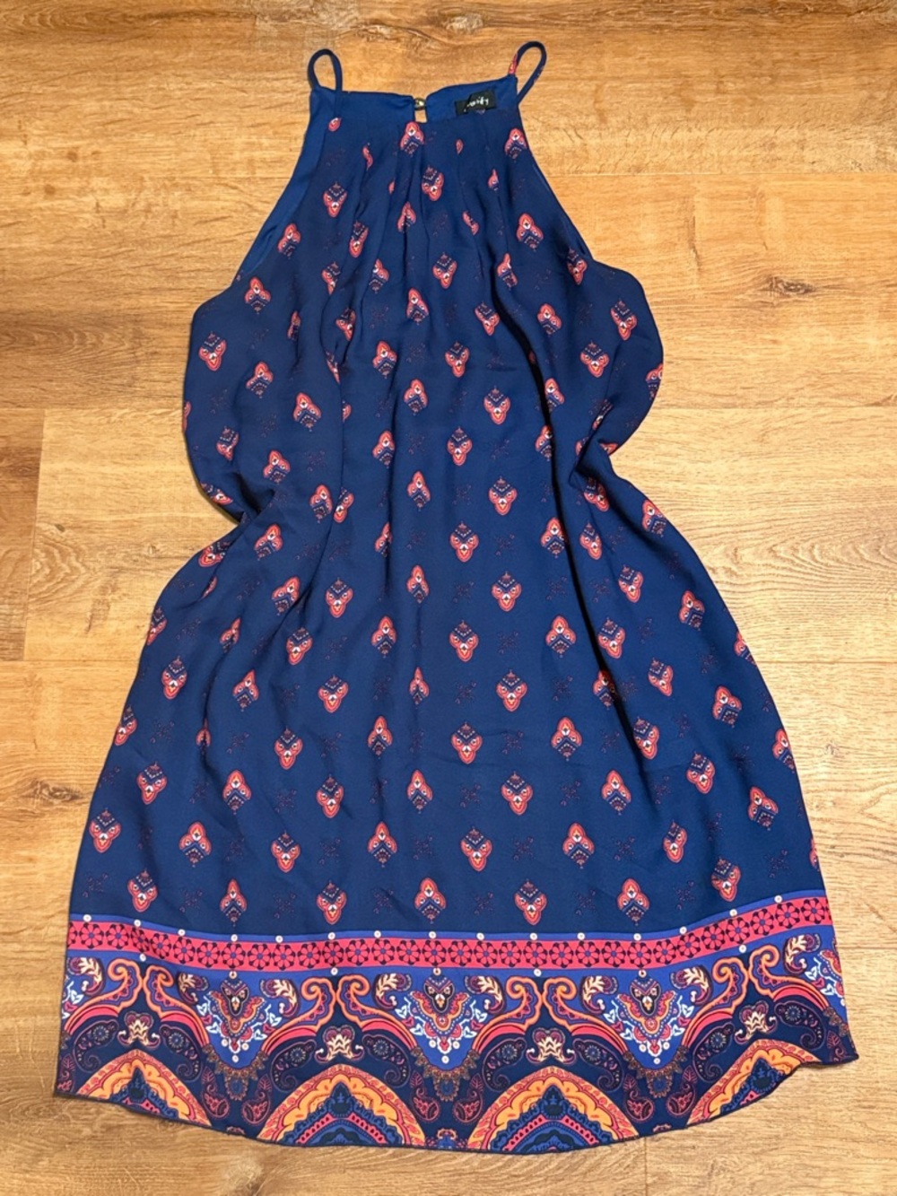 Justify Navy Blue Halter Dress with Pink and Orange Paisley Border